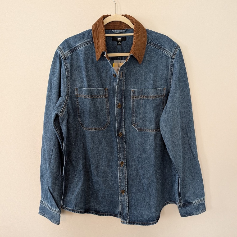 Frye Mens Denim Barn Shacket Shirt MEDIUM Chores Western Corduroy‎ Collar Blue